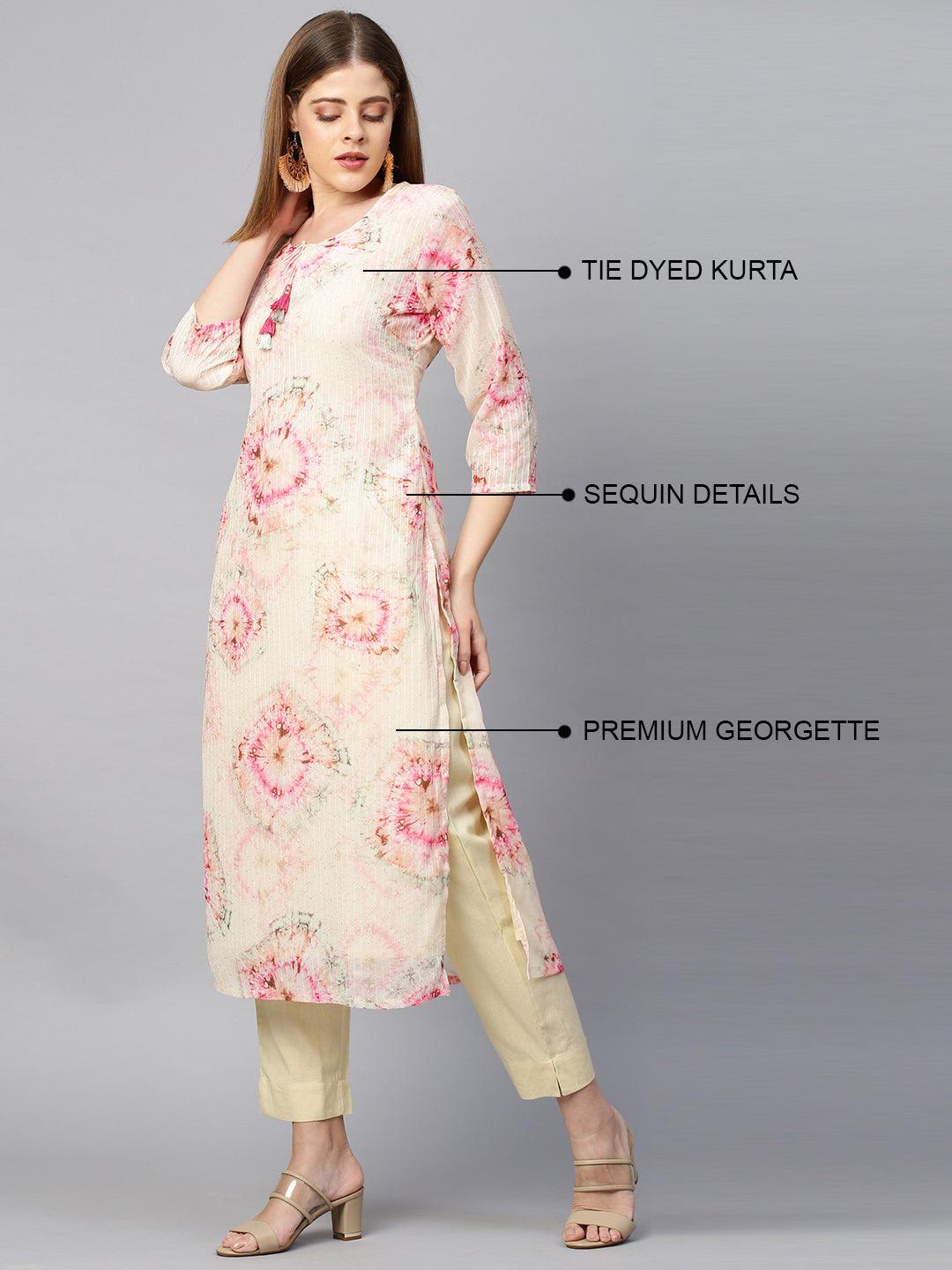 Tie Dyed & Embroidered Kurta with Pant - Pastel Yellow - Indiakreations