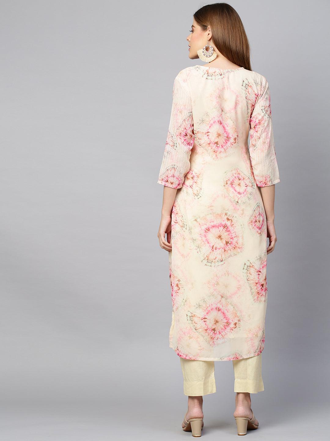 Tie Dyed & Embroidered Kurta with Pant - Pastel Yellow - Indiakreations