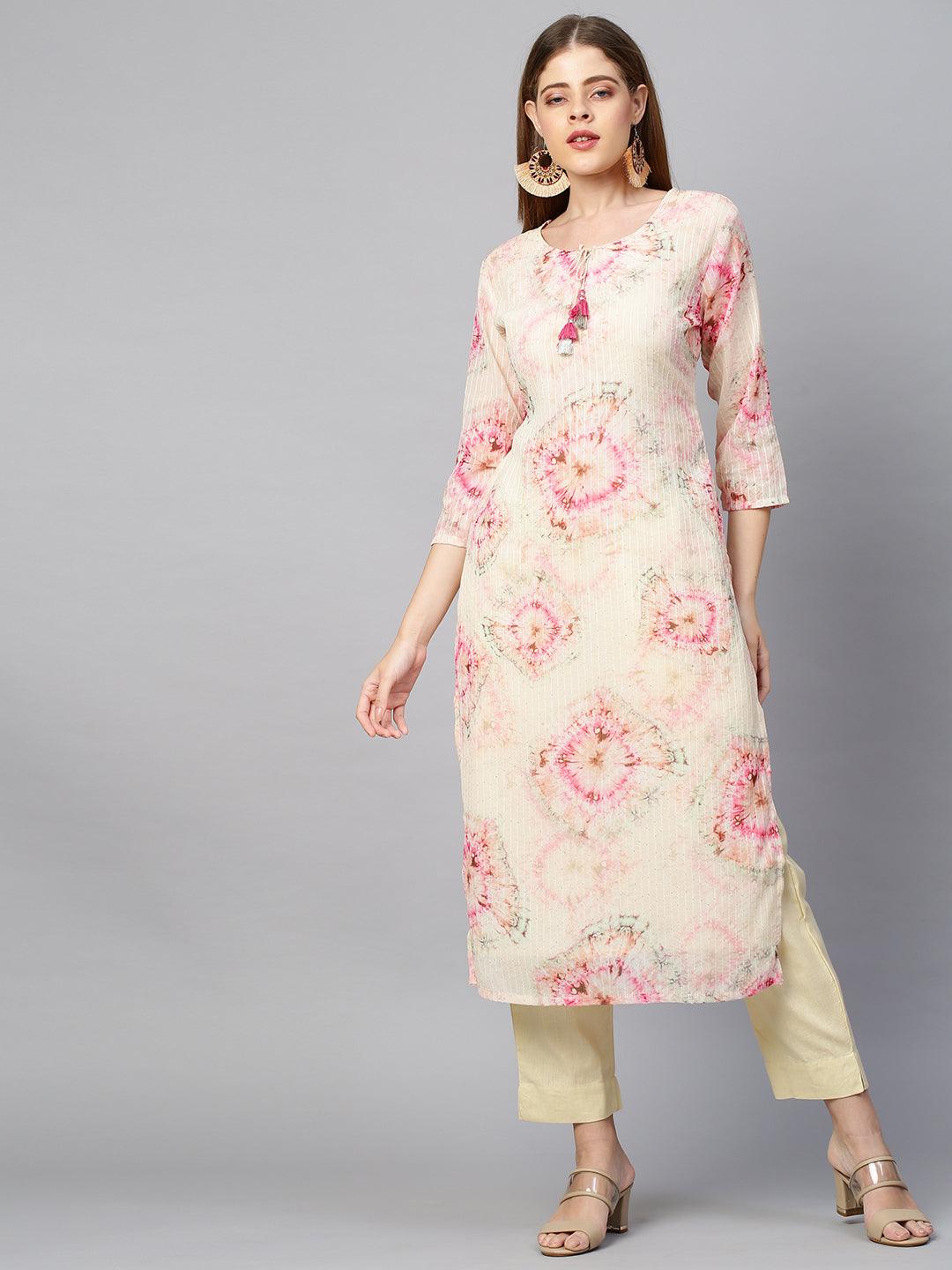 Tie Dyed & Embroidered Kurta with Pant - Pastel Yellow - Indiakreations