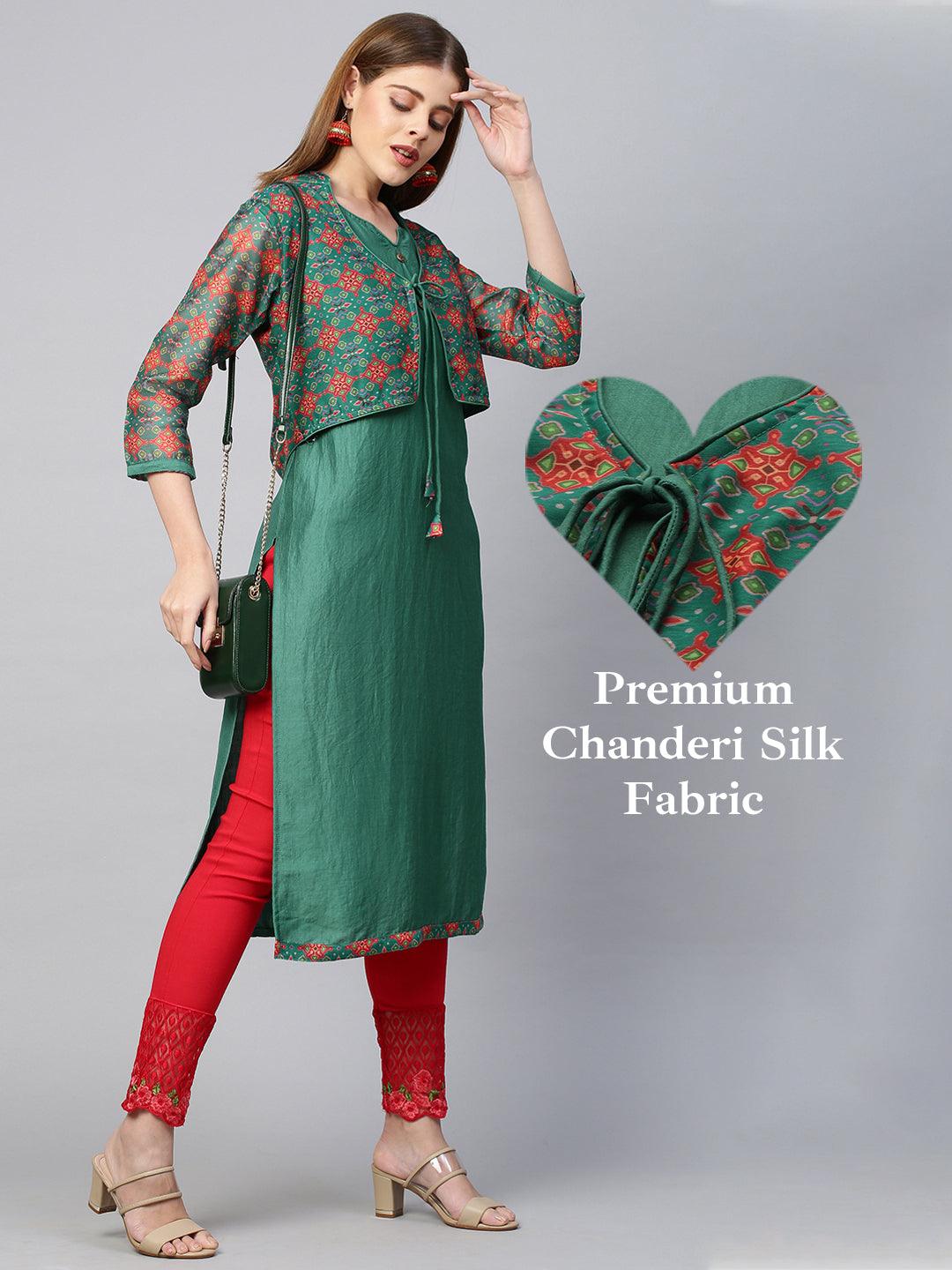 Ethnic Printed Jacket with Straight Kurta - Bottle Green - Indiakreations