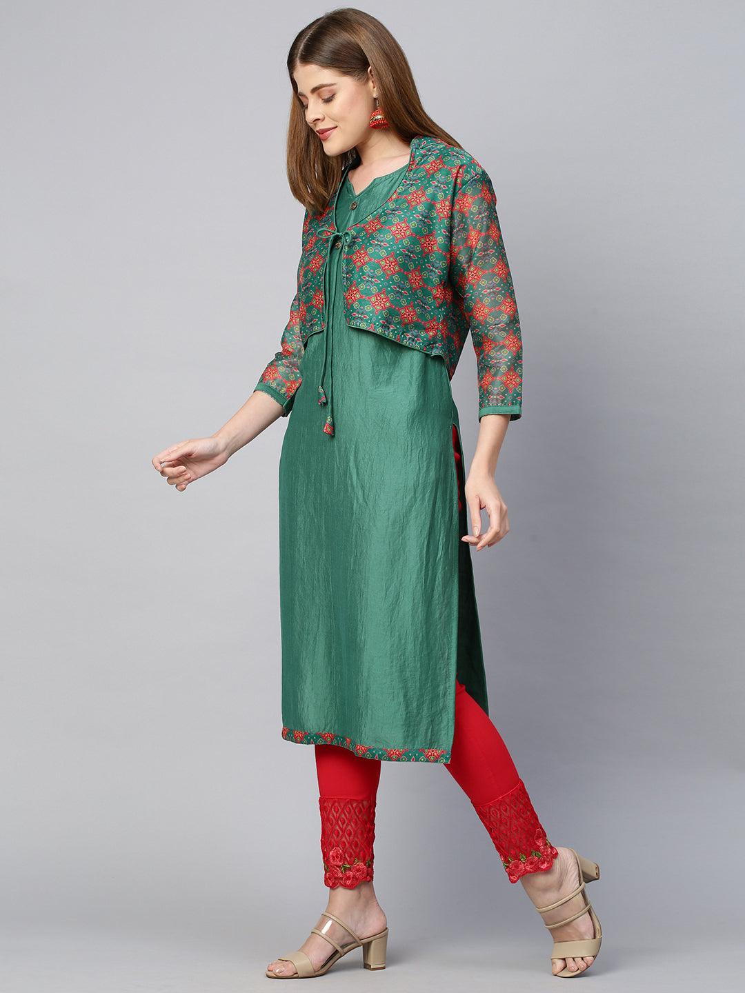 Ethnic Printed Jacket with Straight Kurta - Bottle Green - Indiakreations