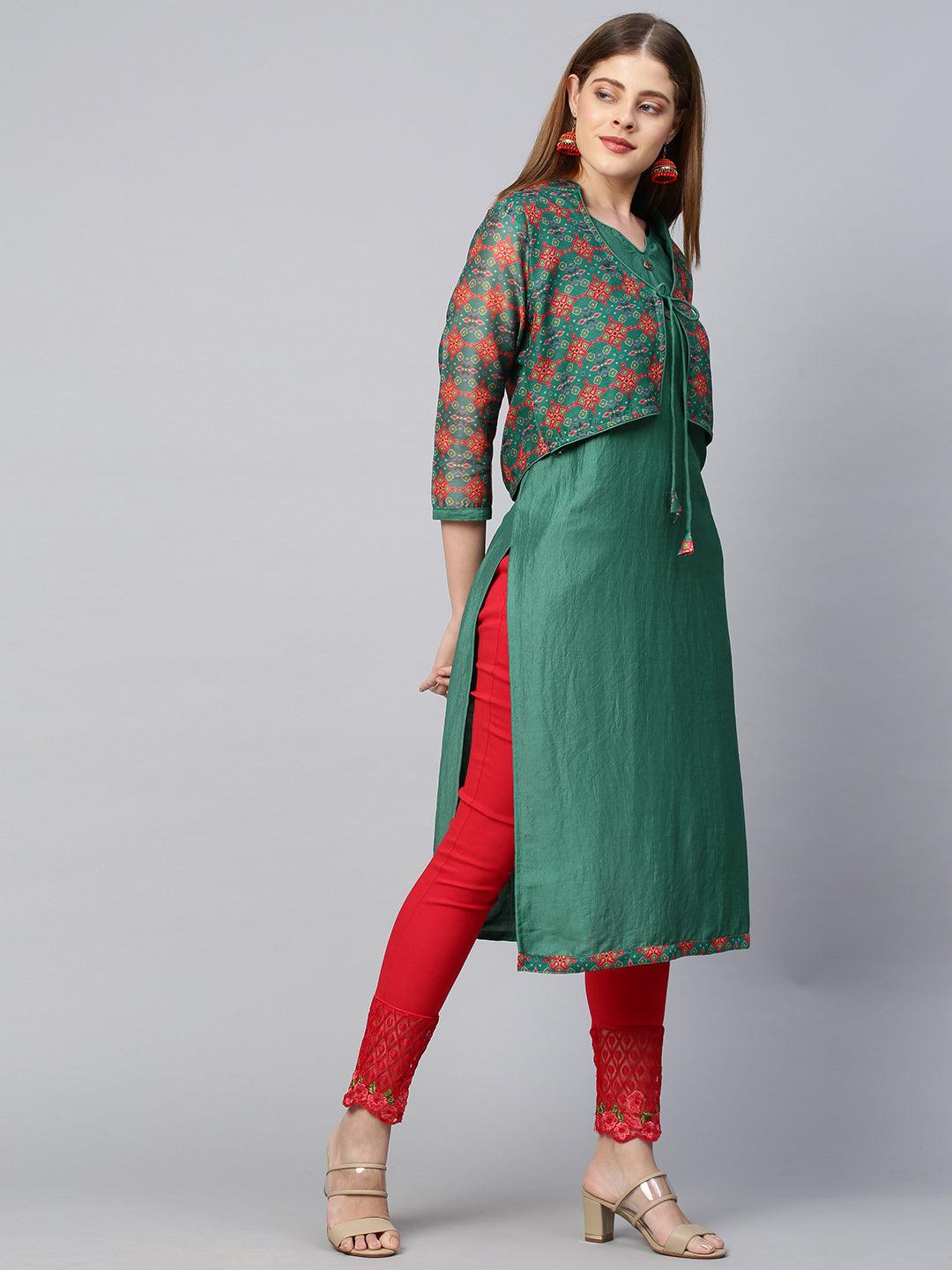 Ethnic Printed Jacket with Straight Kurta - Bottle Green - Indiakreations