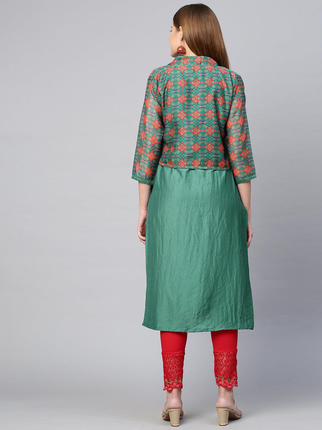 Ethnic Printed Jacket with Straight Kurta - Bottle Green - Indiakreations