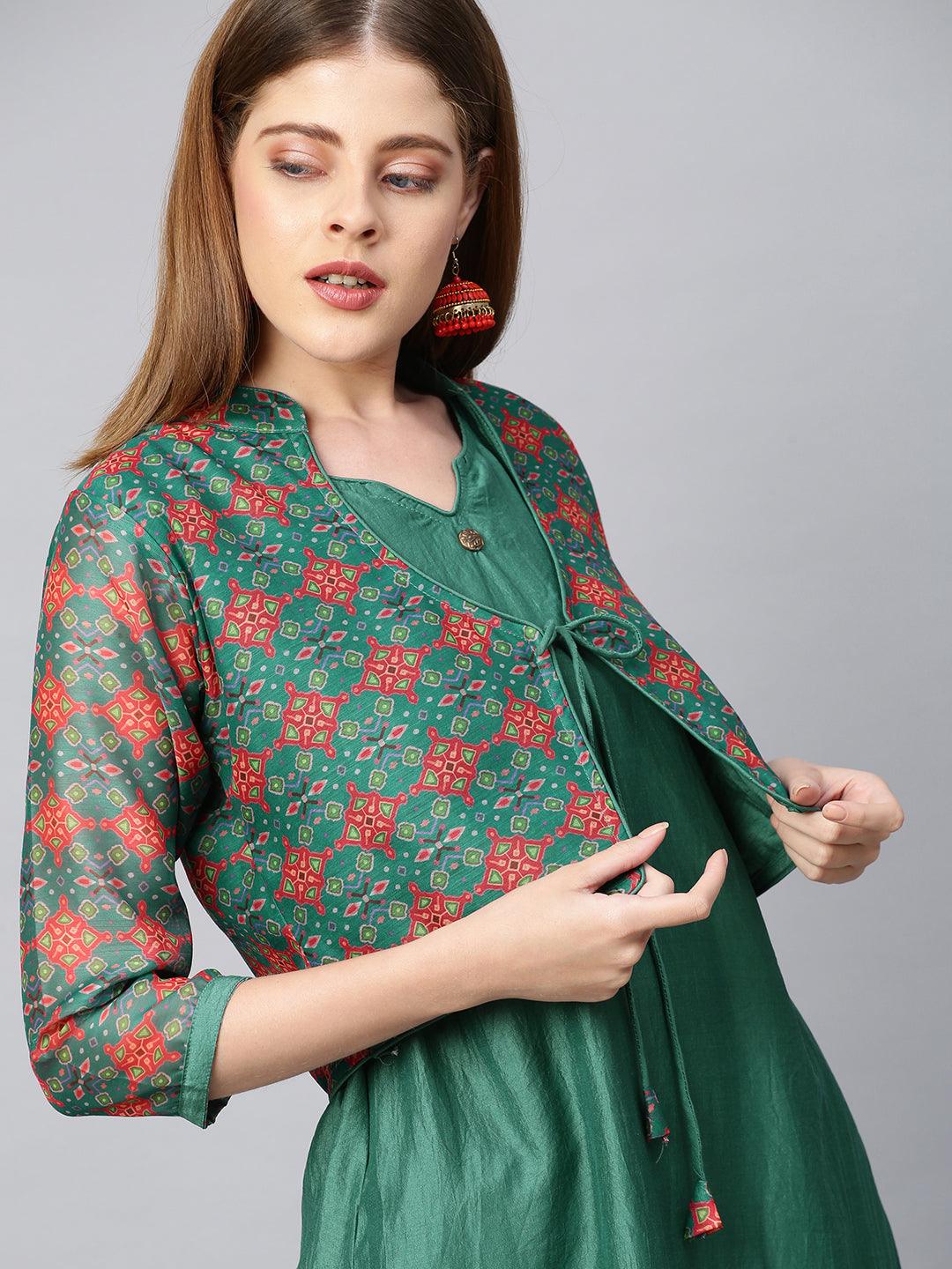 Ethnic Printed Jacket with Straight Kurta - Bottle Green - Indiakreations