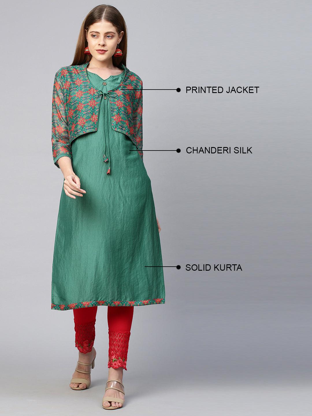 Ethnic Printed Jacket with Straight Kurta - Bottle Green - Indiakreations