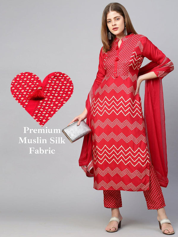 Bandhej Printed & Embroidered Kurta & Pant with Dupatta - Cherry Red - Indiakreations