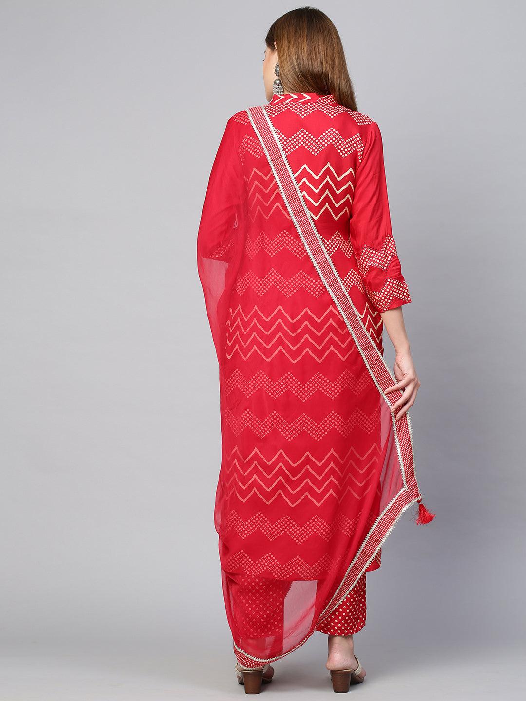 Bandhej Printed & Embroidered Kurta & Pant with Dupatta - Cherry Red - Indiakreations