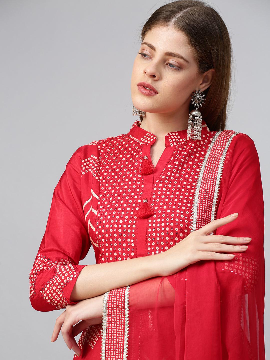 Bandhej Printed & Embroidered Kurta & Pant with Dupatta - Cherry Red - Indiakreations