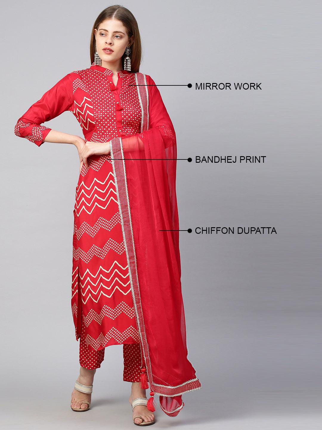 Bandhej Printed & Embroidered Kurta & Pant with Dupatta - Cherry Red - Indiakreations