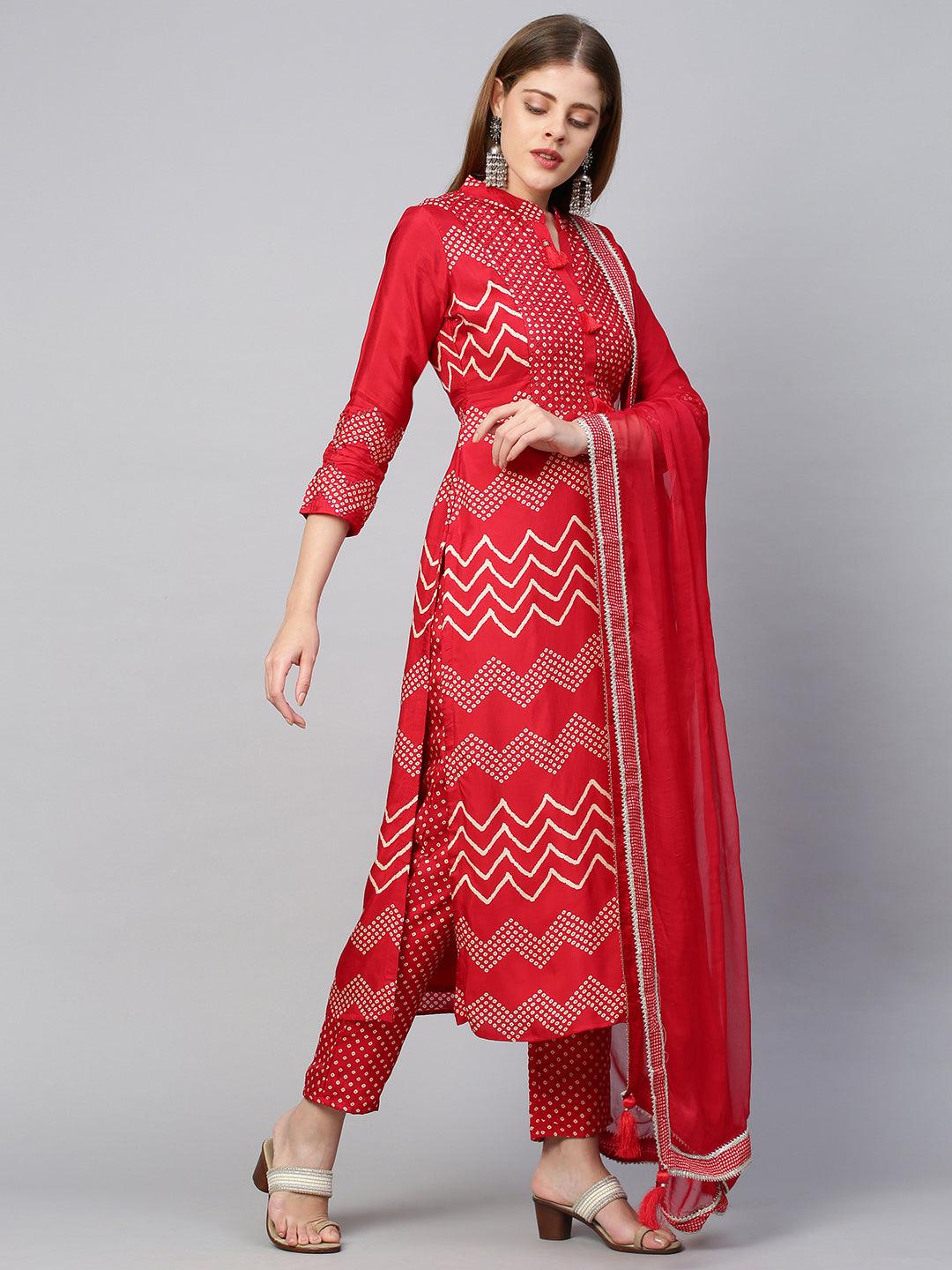 Bandhej Printed & Embroidered Kurta & Pant with Dupatta - Cherry Red - Indiakreations