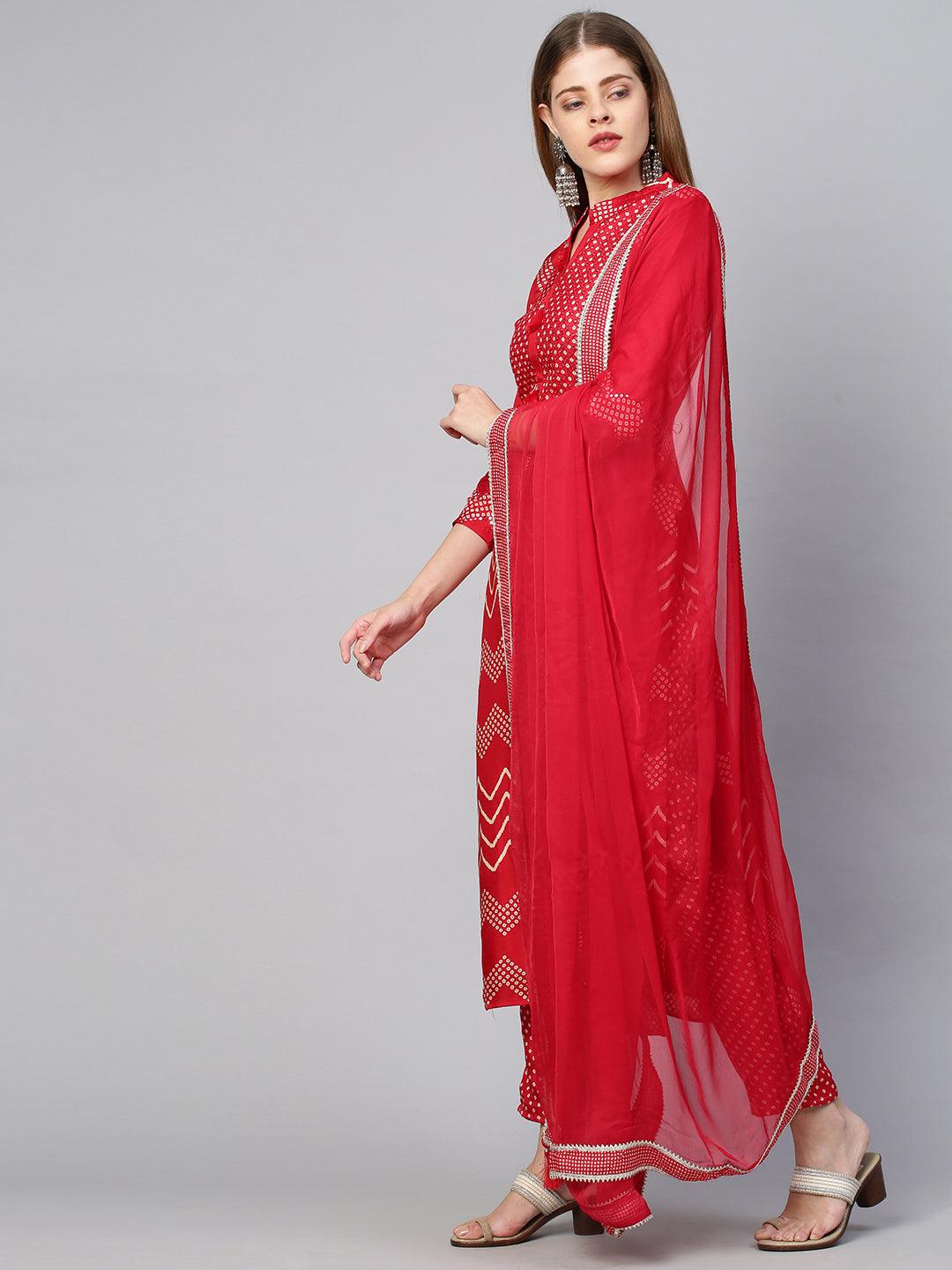 Bandhej Printed & Embroidered Kurta & Pant with Dupatta - Cherry Red - Indiakreations