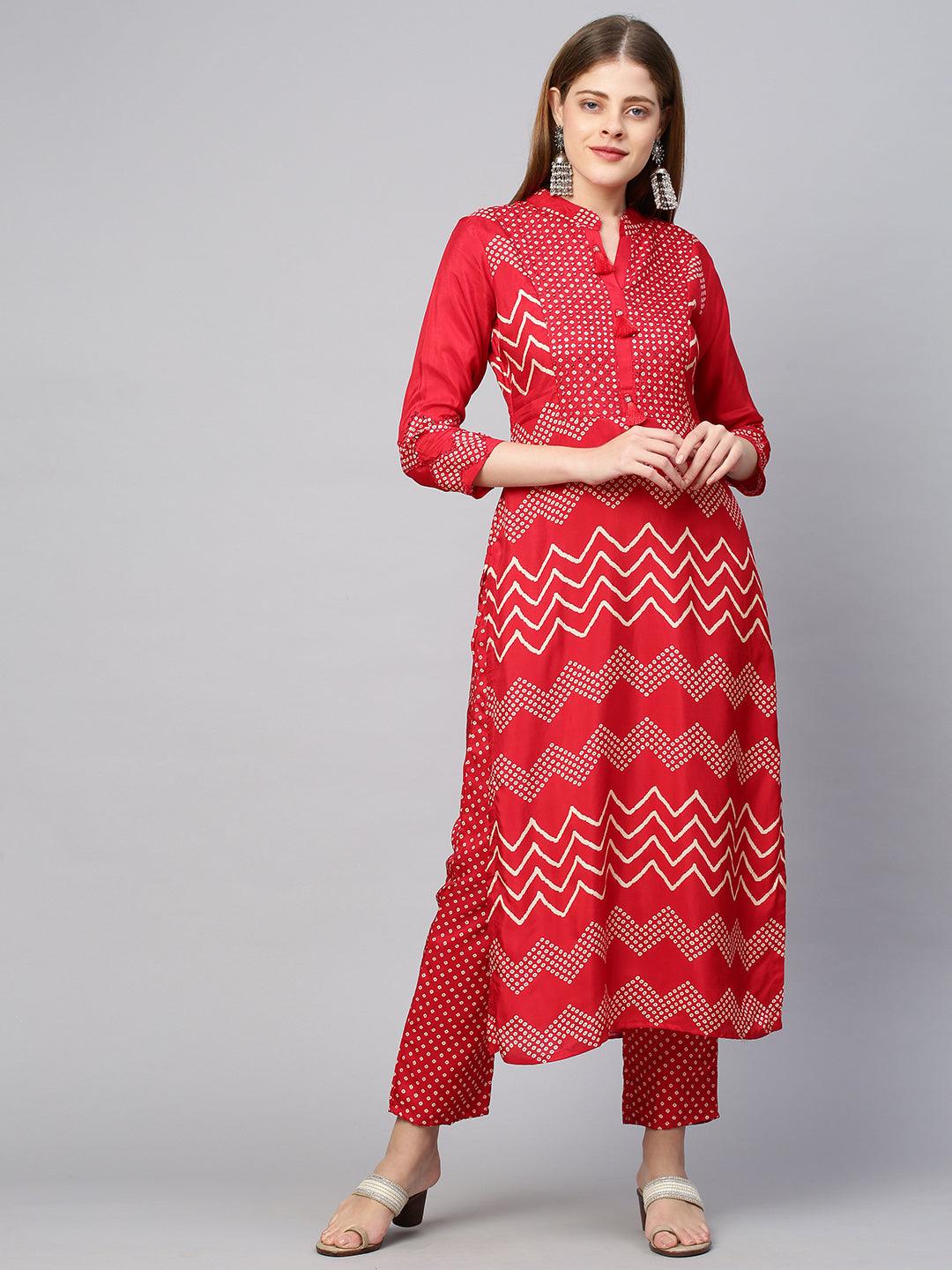 Bandhej Printed & Embroidered Kurta & Pant with Dupatta - Cherry Red - Indiakreations