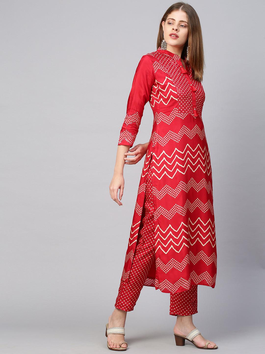 Bandhej Printed & Embroidered Kurta & Pant with Dupatta - Cherry Red - Indiakreations