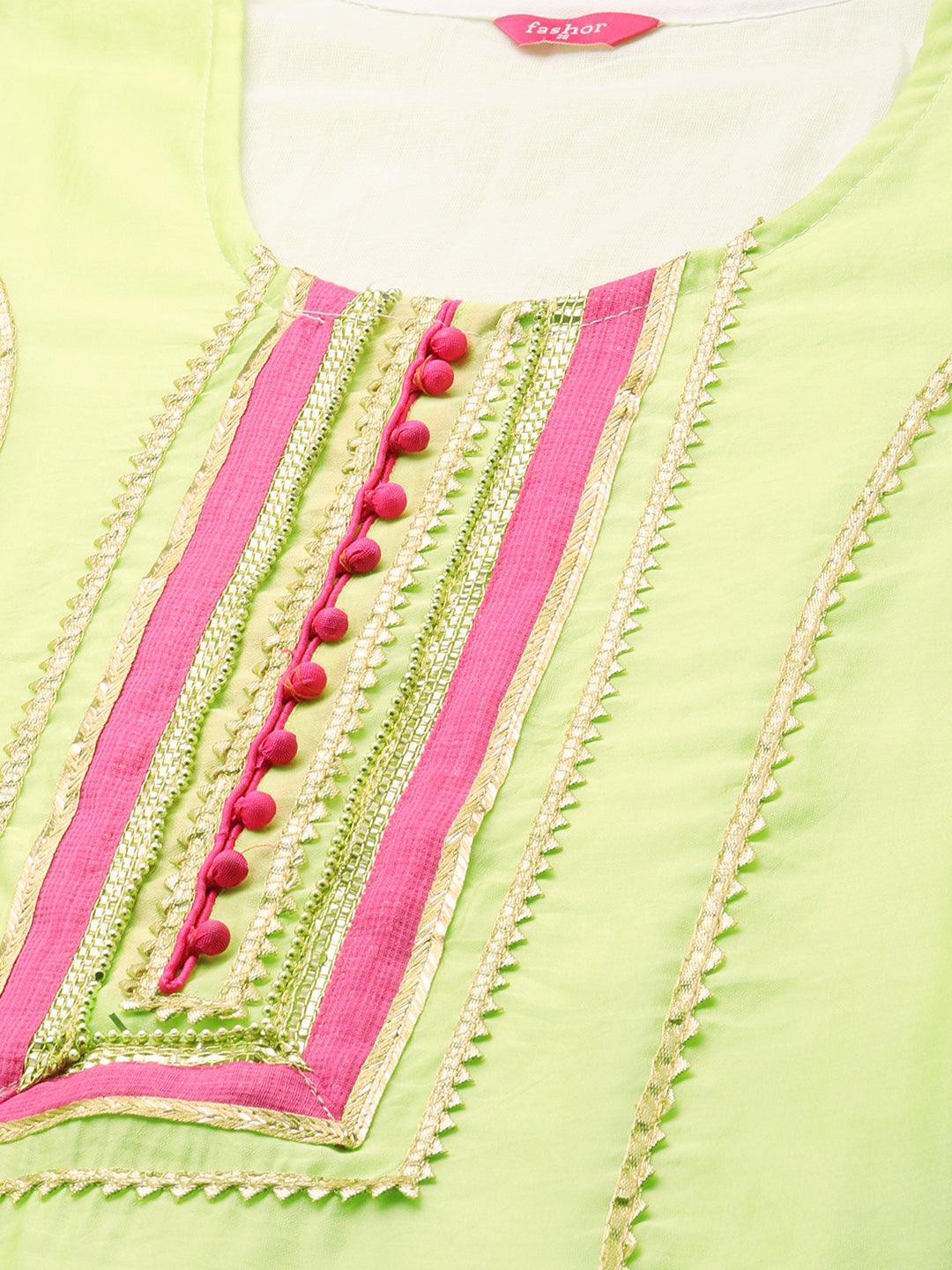 Gota Embroidered Kurta and Pant with Dupatta - Lime Green - Indiakreations