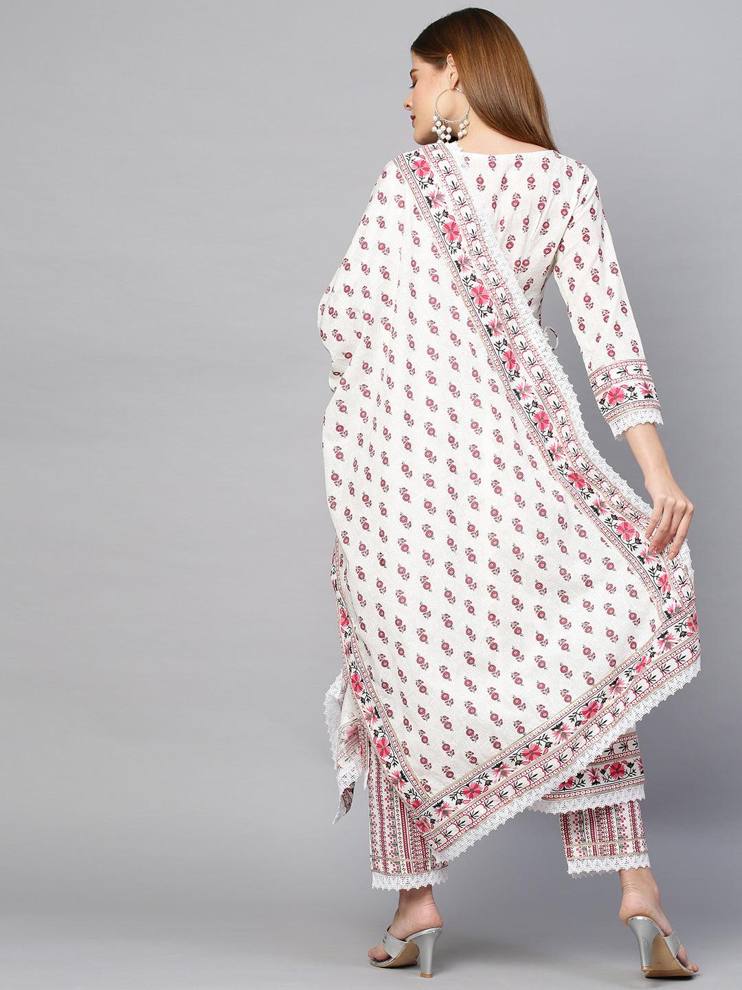 Ethnic Floral Printed Kurta & Pant with Dupatta - Ivory - Indiakreations