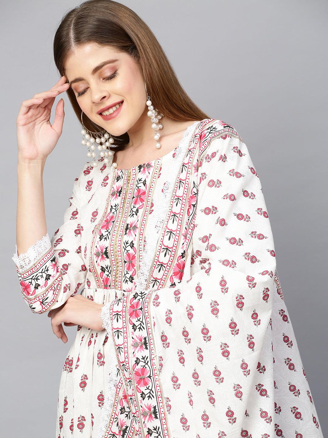 Ethnic Floral Printed Kurta & Pant with Dupatta - Ivory - Indiakreations