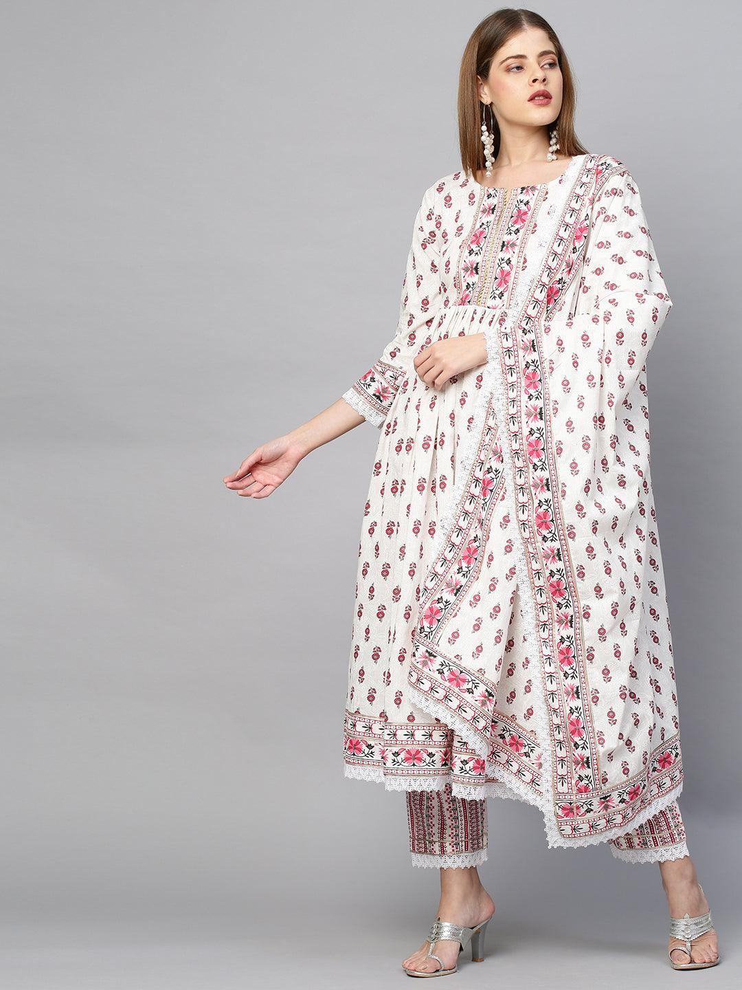 Ethnic Floral Printed Kurta & Pant with Dupatta - Ivory - Indiakreations