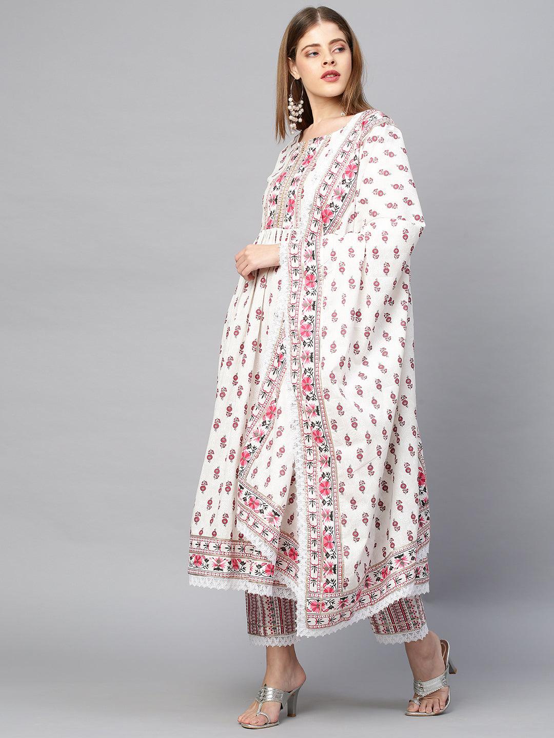 Ethnic Floral Printed Kurta & Pant with Dupatta - Ivory - Indiakreations