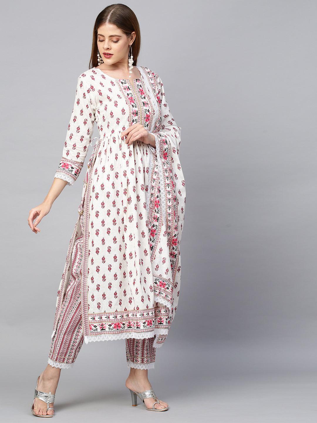 Ethnic Floral Printed Kurta & Pant with Dupatta - Ivory - Indiakreations