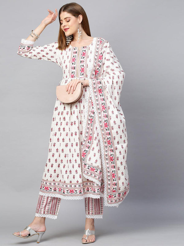 Ethnic Floral Printed Kurta & Pant with Dupatta - Ivory - Indiakreations