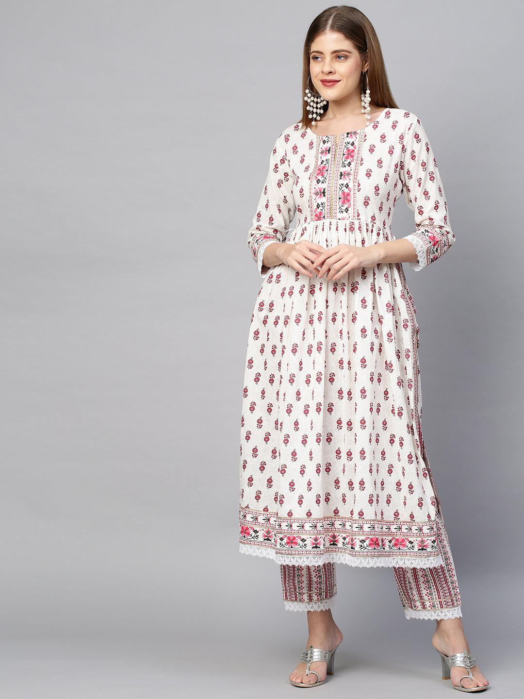 Ethnic Floral Printed Kurta & Pant with Dupatta - Ivory - Indiakreations