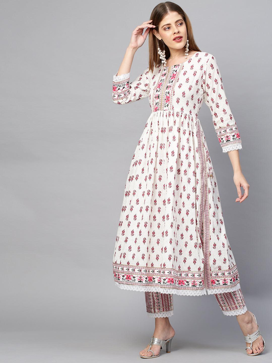 Ethnic Floral Printed Kurta & Pant with Dupatta - Ivory - Indiakreations