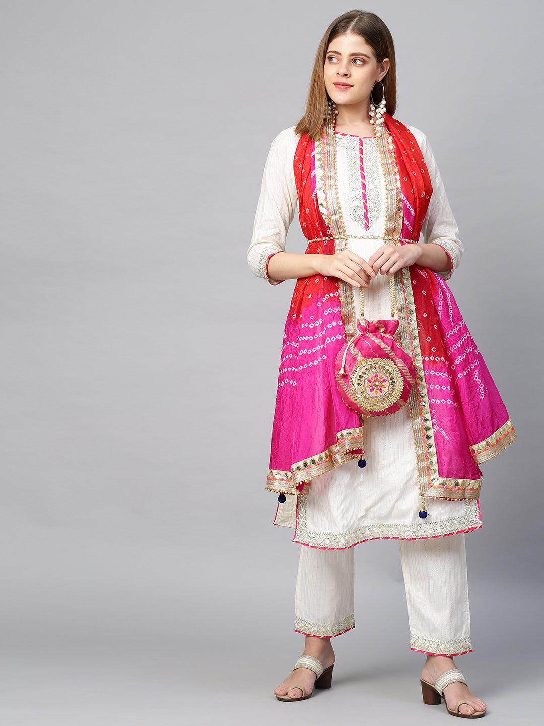 Lurex Striped & Embroidered Kurta & Pants with Bandhani Dupatta - White - Indiakreations