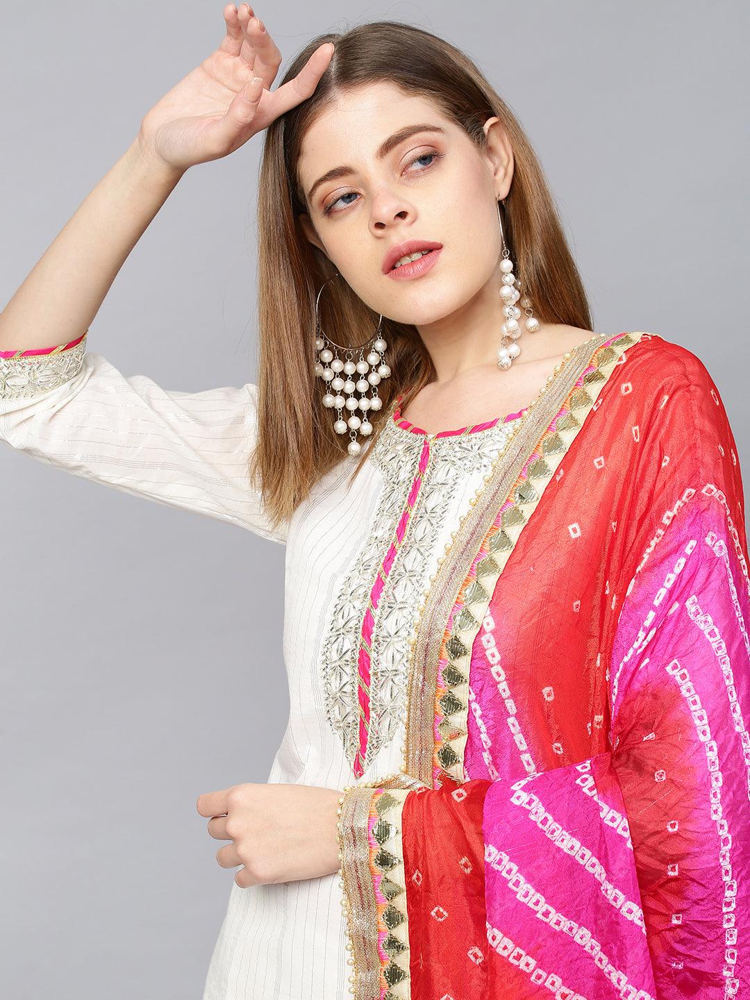 Lurex Striped & Embroidered Kurta & Pants with Bandhani Dupatta - White - Indiakreations