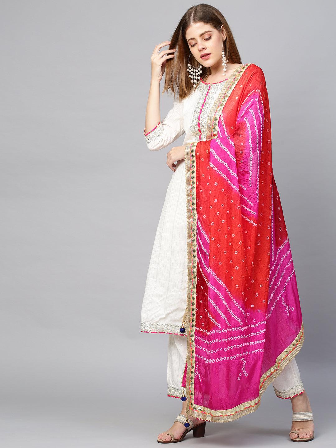 Lurex Striped & Embroidered Kurta & Pants with Bandhani Dupatta - White - Indiakreations