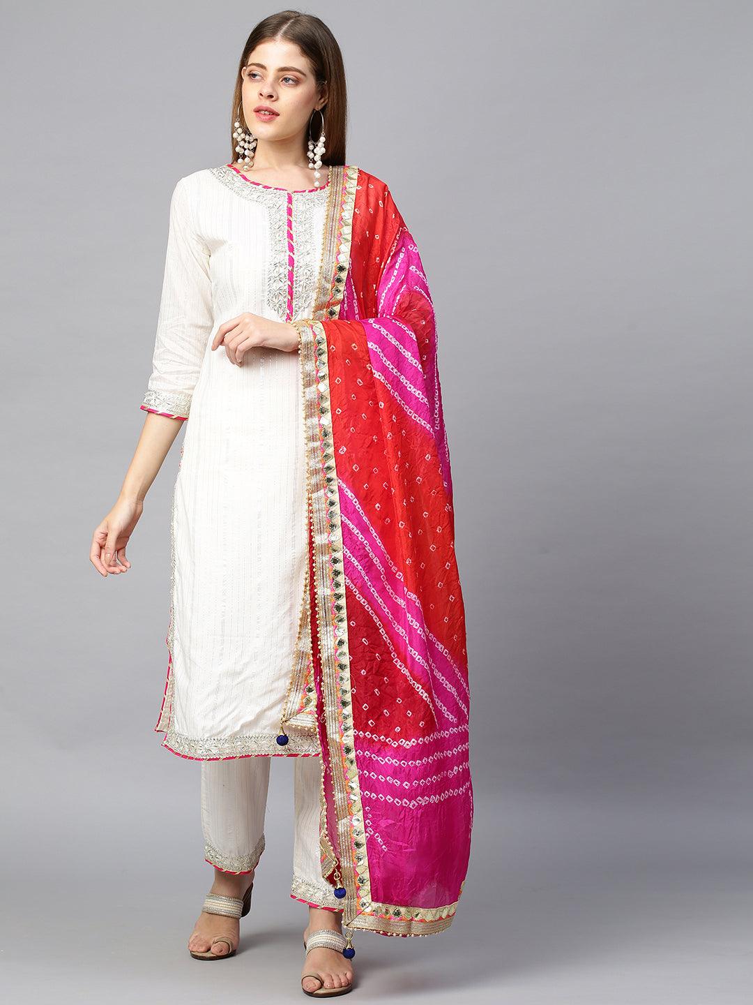 Lurex Striped & Embroidered Kurta & Pants with Bandhani Dupatta - White - Indiakreations