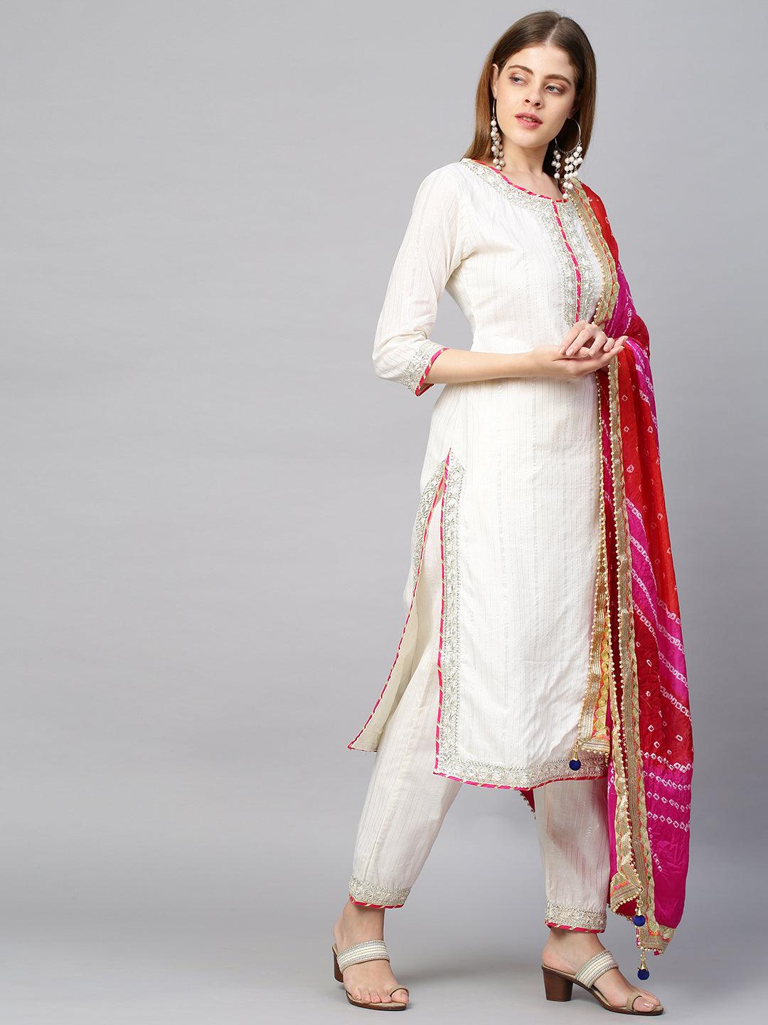 Lurex Striped & Embroidered Kurta & Pants with Bandhani Dupatta - White - Indiakreations