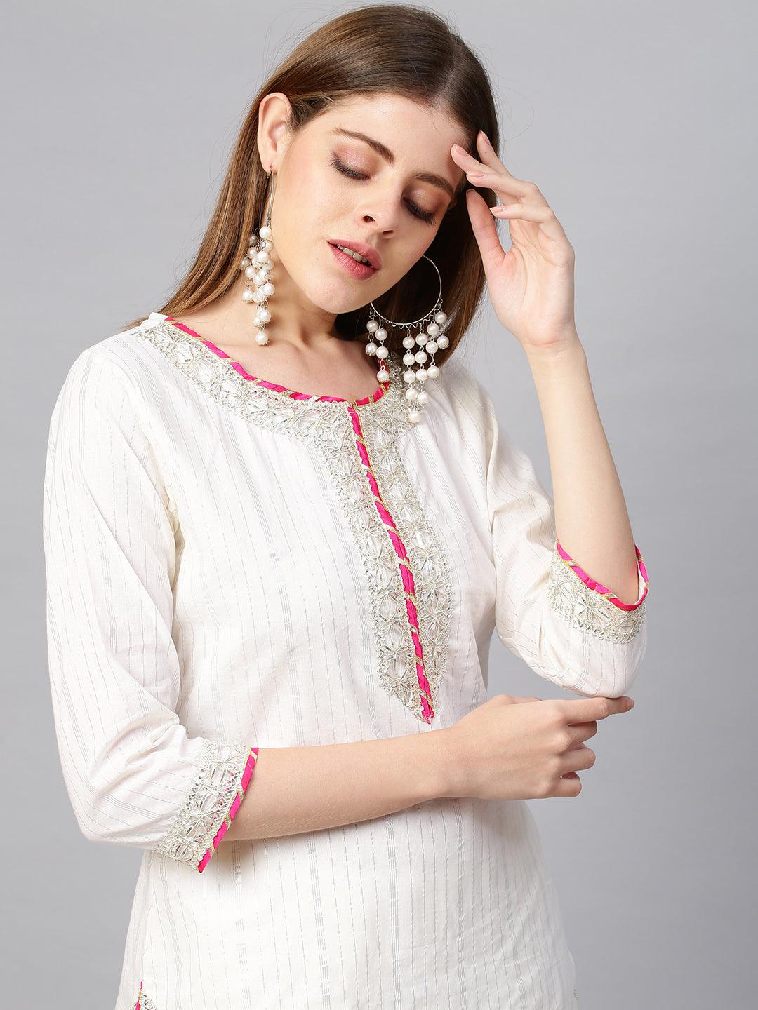 Lurex Striped & Embroidered Kurta & Pants with Bandhani Dupatta - White - Indiakreations