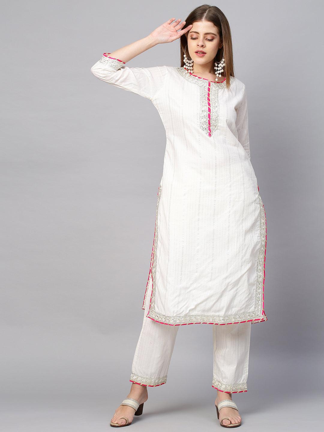 Lurex Striped & Embroidered Kurta & Pants with Bandhani Dupatta - White - Indiakreations