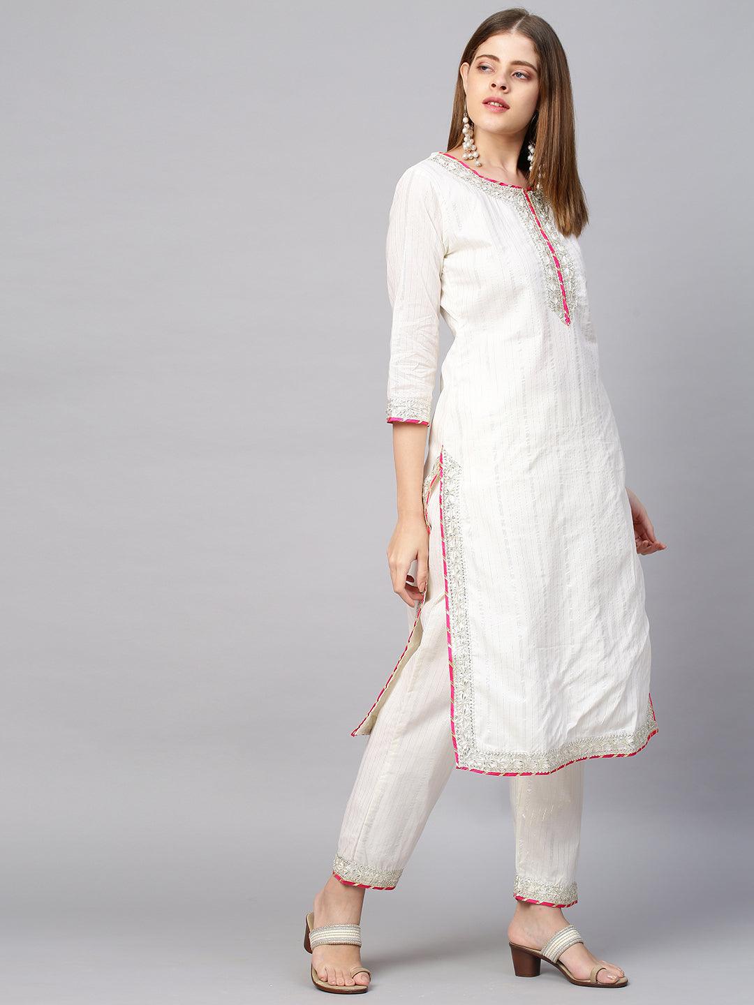 Lurex Striped & Embroidered Kurta & Pants with Bandhani Dupatta - White - Indiakreations