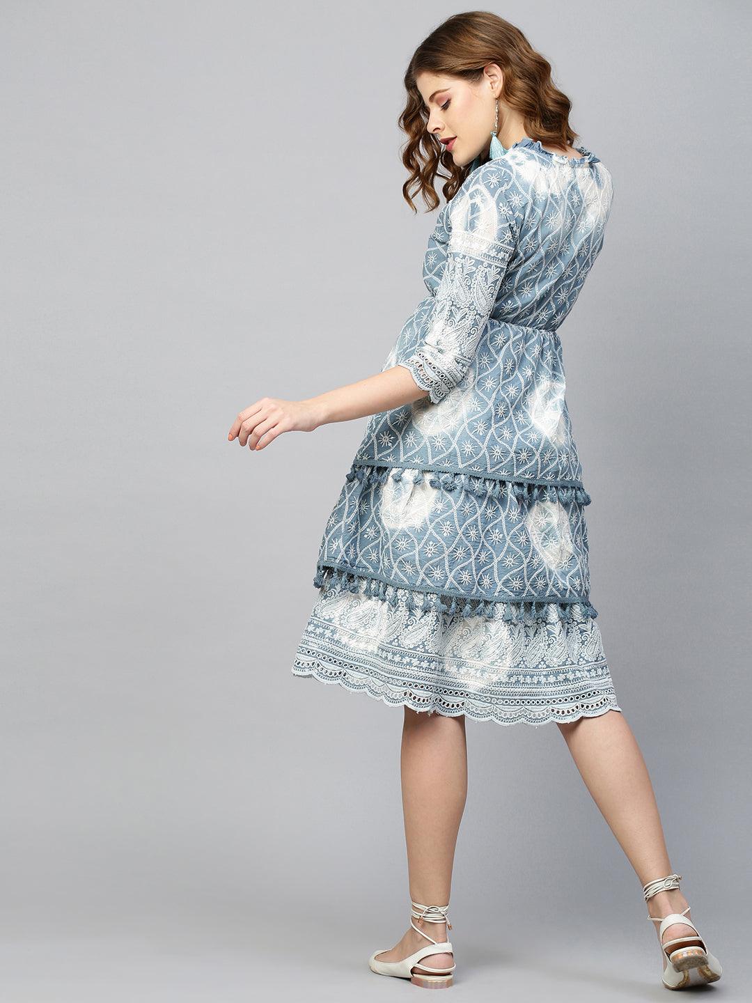 Tie Dyed & Chikankari Embroidered Layered Dress - Powder Blue - Indiakreations