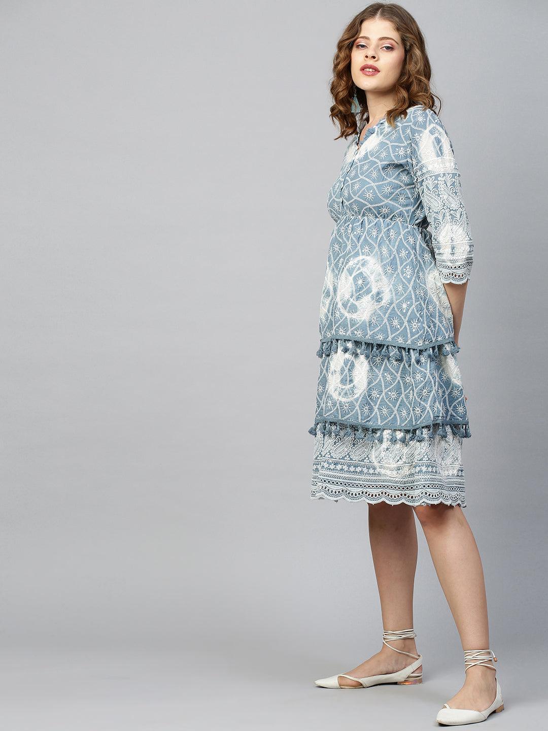 Tie Dyed & Chikankari Embroidered Layered Dress - Powder Blue - Indiakreations