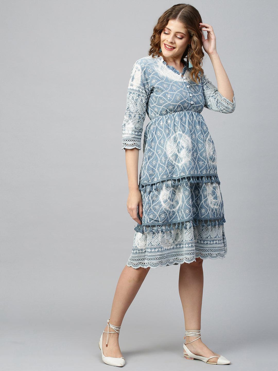 Tie Dyed & Chikankari Embroidered Layered Dress - Powder Blue - Indiakreations