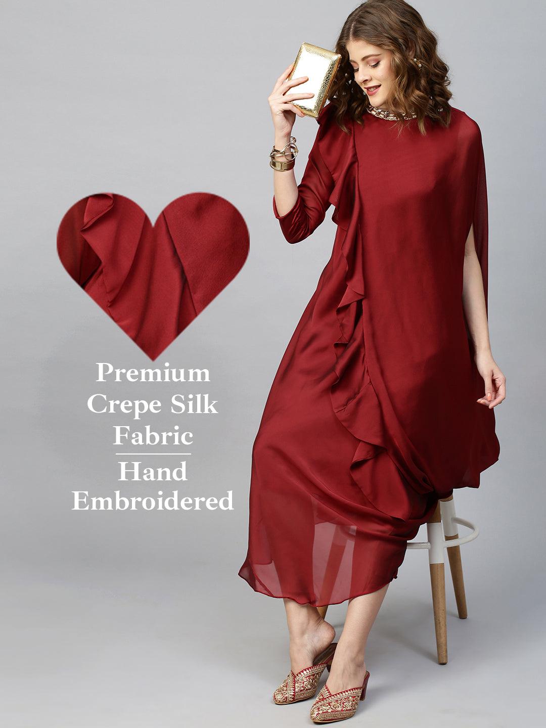 Festive Embroidered & Draped Dress - Maroon - Indiakreations