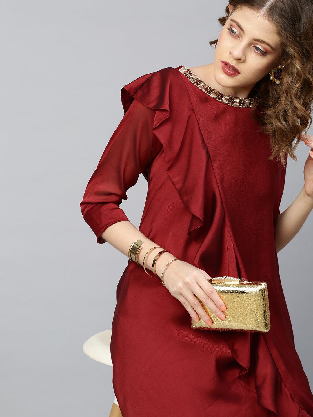 Festive Embroidered & Draped Dress - Maroon - Indiakreations