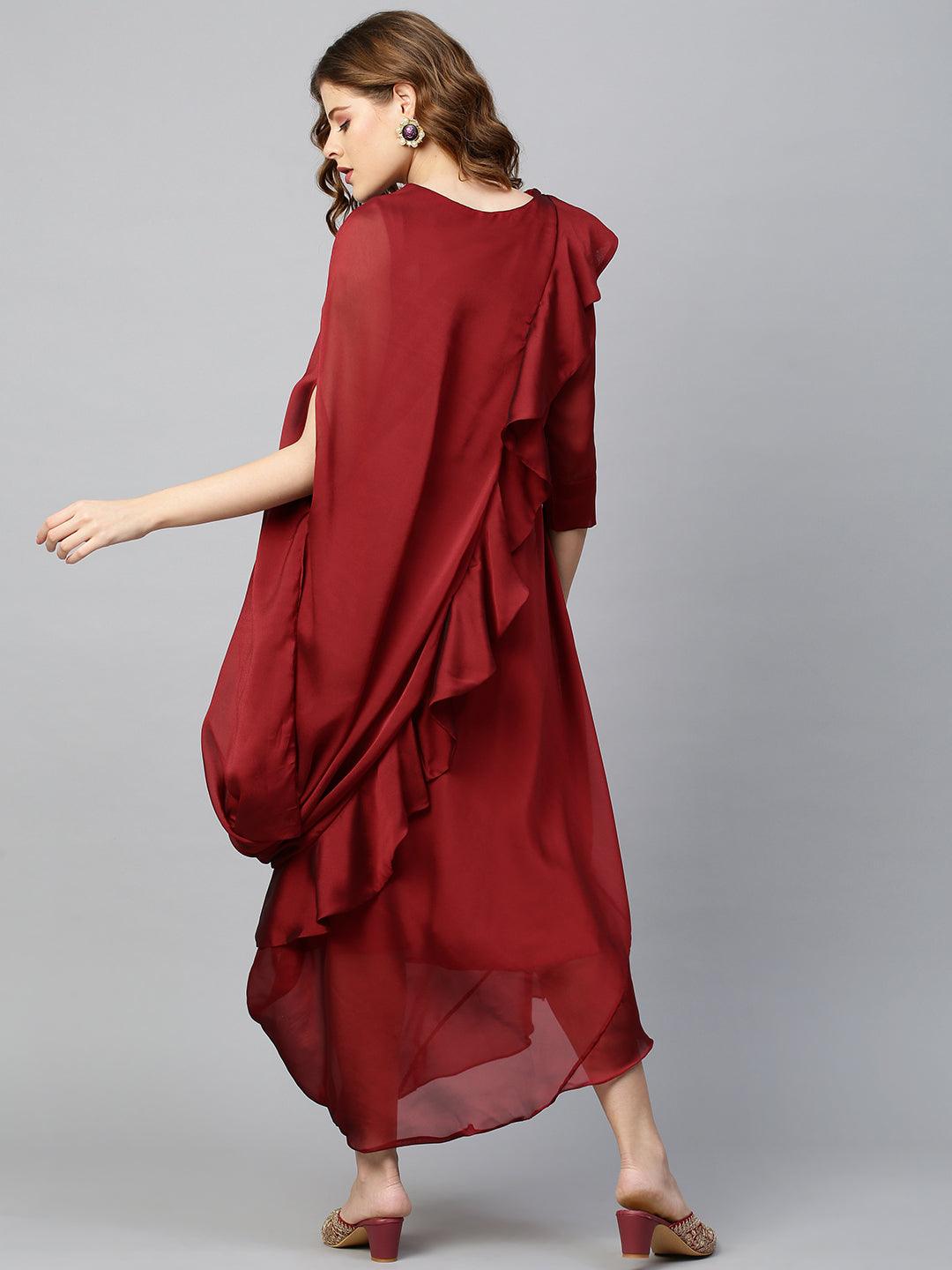 Festive Embroidered & Draped Dress - Maroon - Indiakreations