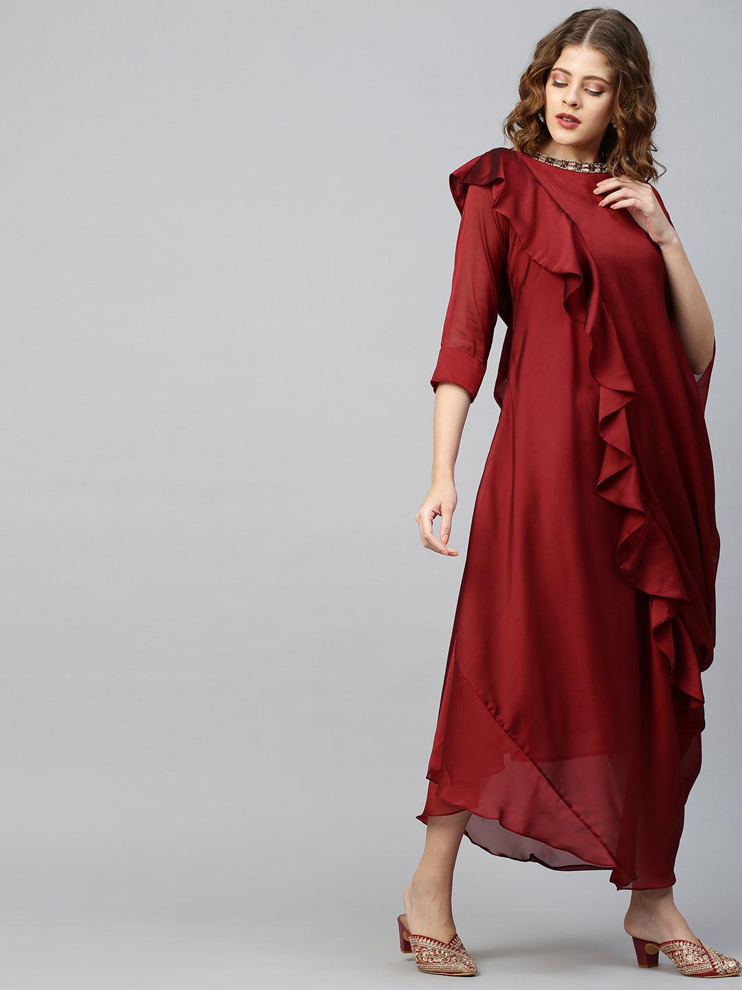 Festive Embroidered & Draped Dress - Maroon - Indiakreations