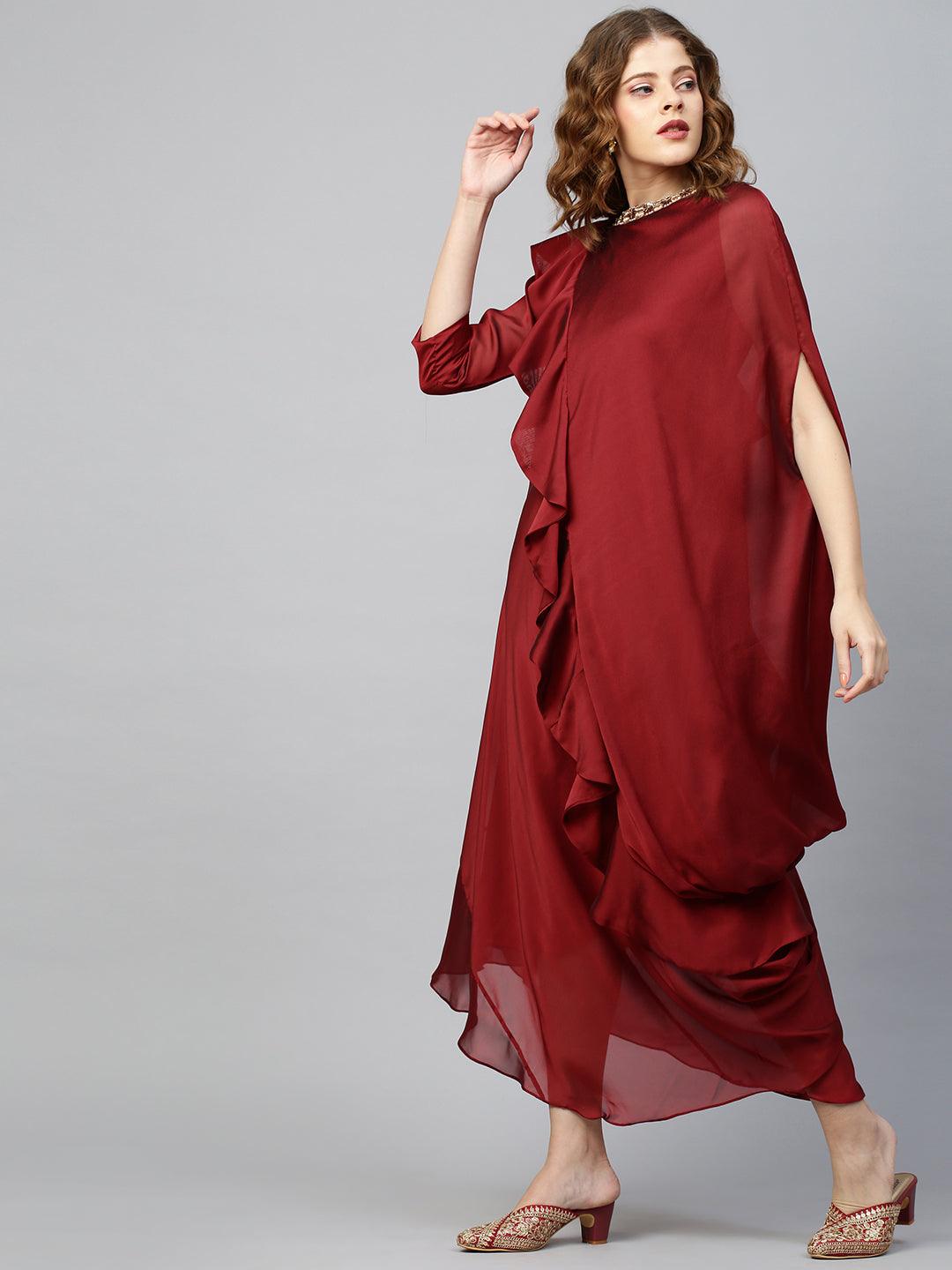 Festive Embroidered & Draped Dress - Maroon - Indiakreations