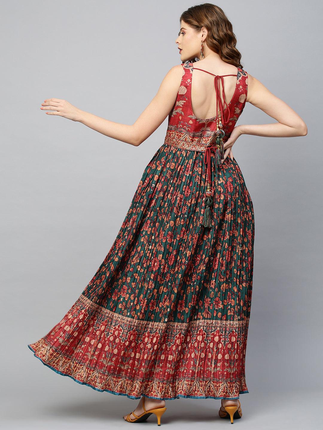 Floral Printed & Embellished Maxi Dress with Belt - Bottle Green - Indiakreations