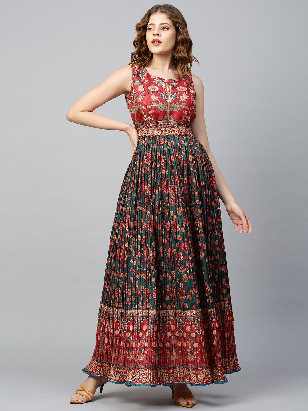 Floral Printed & Embellished Maxi Dress with Belt - Bottle Green - Indiakreations