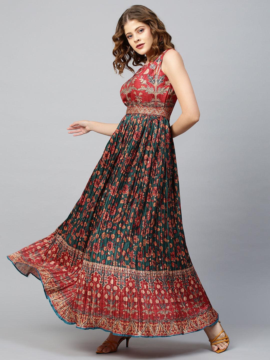 Floral Printed & Embellished Maxi Dress with Belt - Bottle Green - Indiakreations