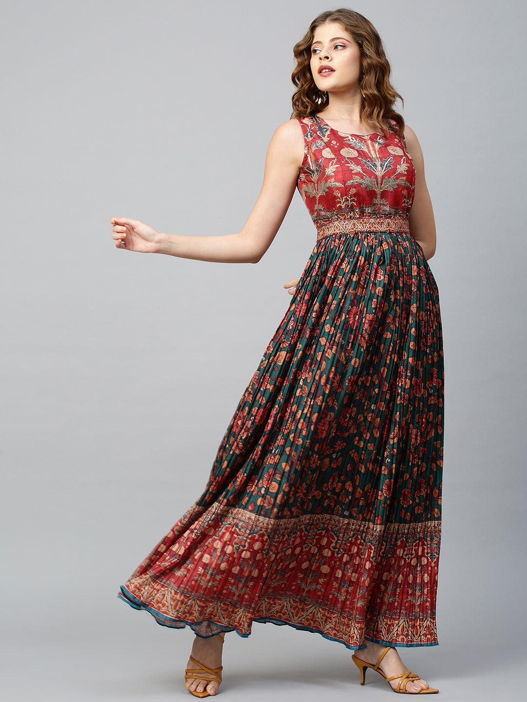 Floral Printed & Embellished Maxi Dress with Belt - Bottle Green - Indiakreations