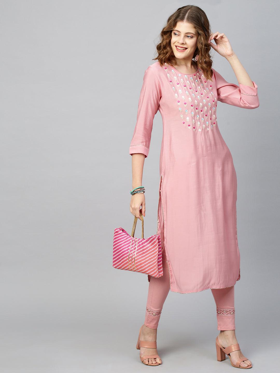 Floral Embroidered Straight Kurta - Rose Pink - Indiakreations