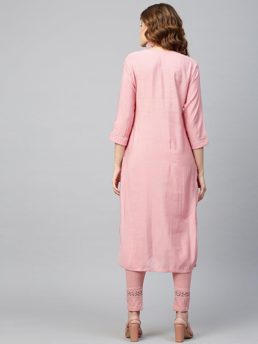 Floral Embroidered Straight Kurta - Rose Pink - Indiakreations