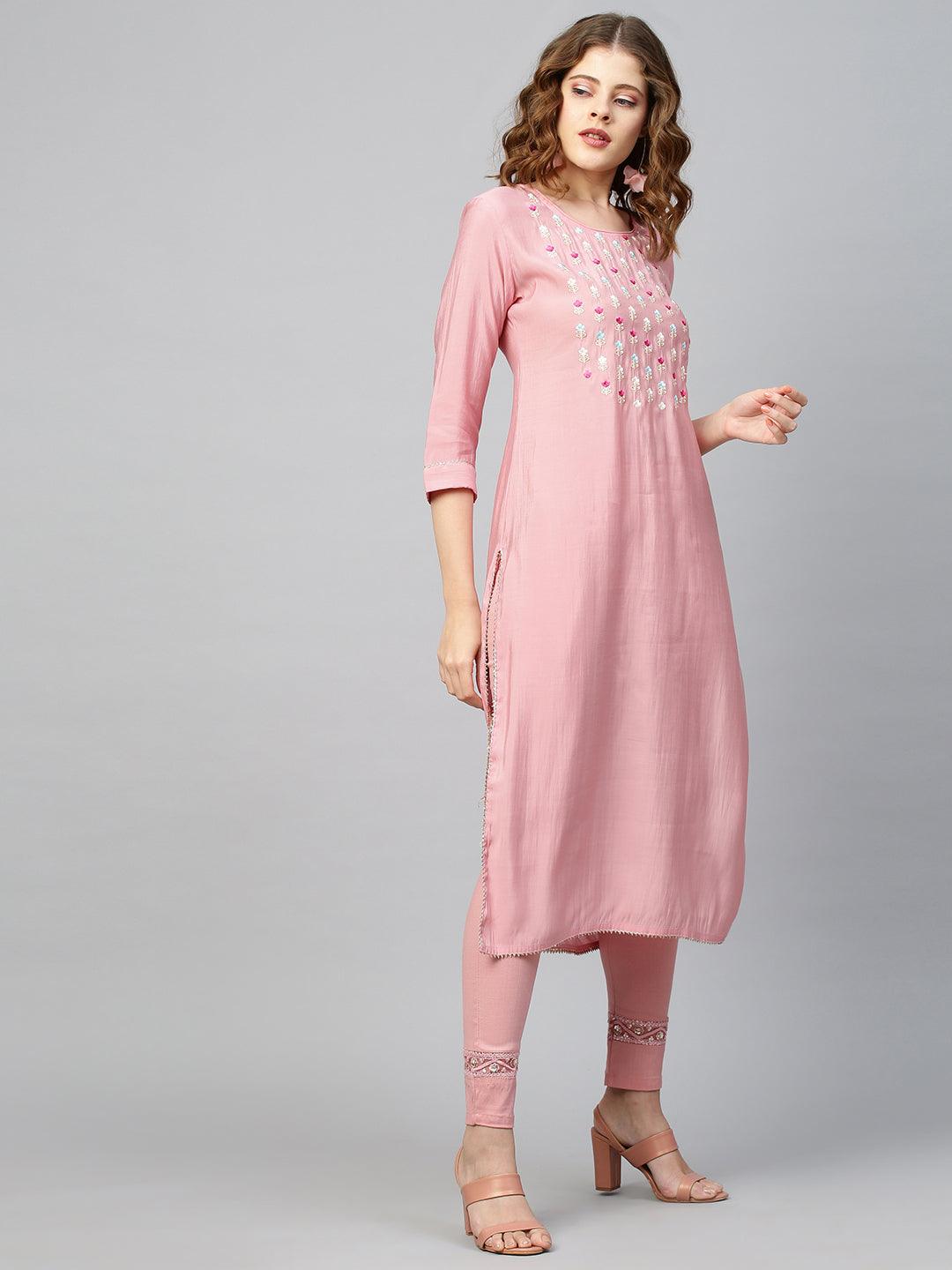 Floral Embroidered Straight Kurta - Rose Pink - Indiakreations