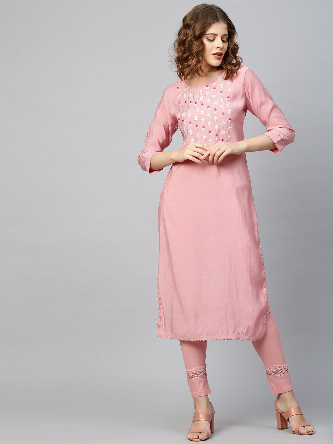 Floral Embroidered Straight Kurta - Rose Pink - Indiakreations